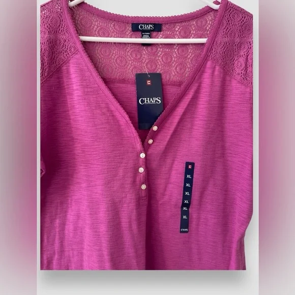 Chaps Women's Pink Short Sleeve Henley Lace Top Sz X-Large V-Neck Buttons NWT - Picture 2 of 4